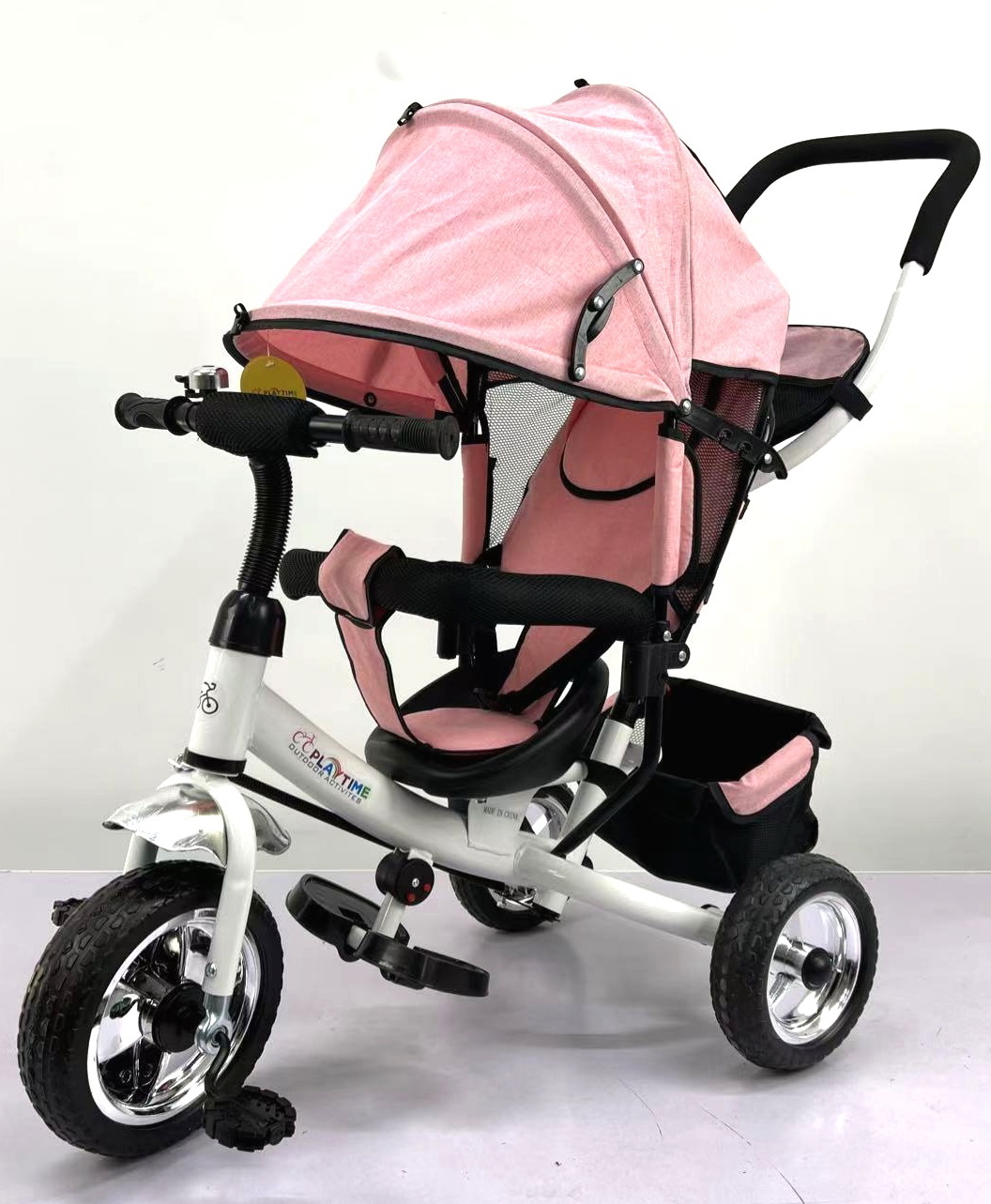 Tricikl sa podesivim naslonom roze za decu sa stabilnim točkovima i zadnjom korpom