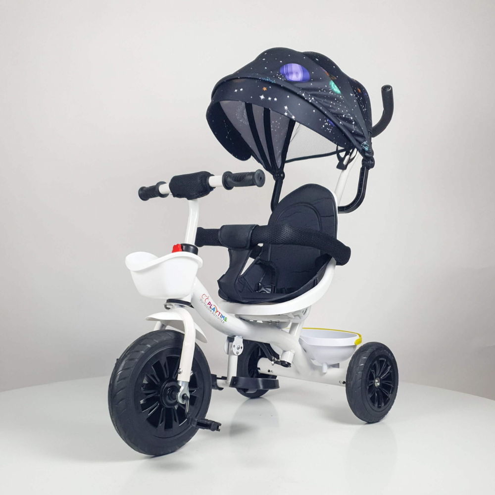 Tricikl Playtime planete za decu sa ručkom za guranje, tendom za sunce i korpama za stvari