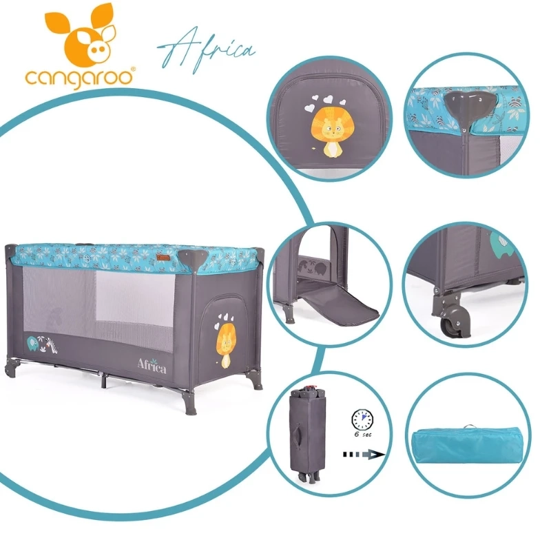Cangaroo prenosivi krevetac Africa Turqouise za bebe sklopivi putni krevetac sa mrežastim stranicama