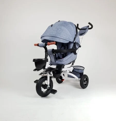 Tricikl sa rotirajućim sedištem sivi – udobna i sigurna vožnja uz potpunu kontrolu roditelja.