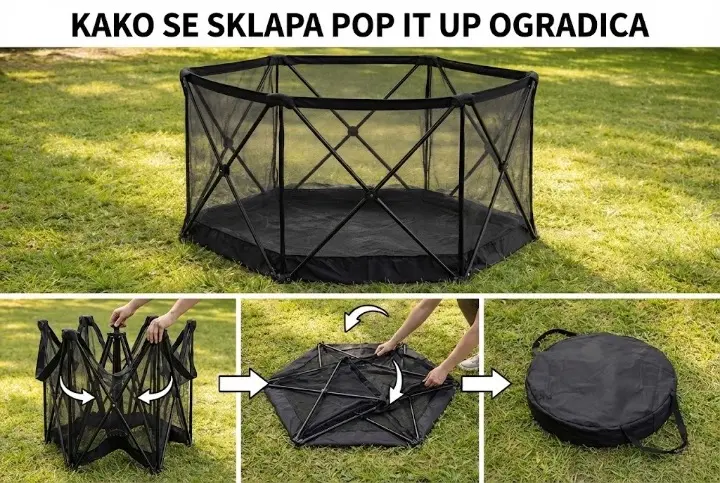 Prenosiva ogradica za bebe Pop It Up model sa mrežastim stranicama Pop It Up sklopiva ogradica za bebe u rasklopljenom stanju Kako se sklapa Pop It Up prenosiva ogradica korak po korak