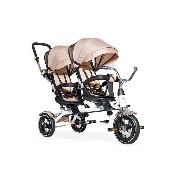 Tricikl Twins bež za dvoje dece sa rotirajućim prednjim sedištem i stabilnim točkovima od pune gume