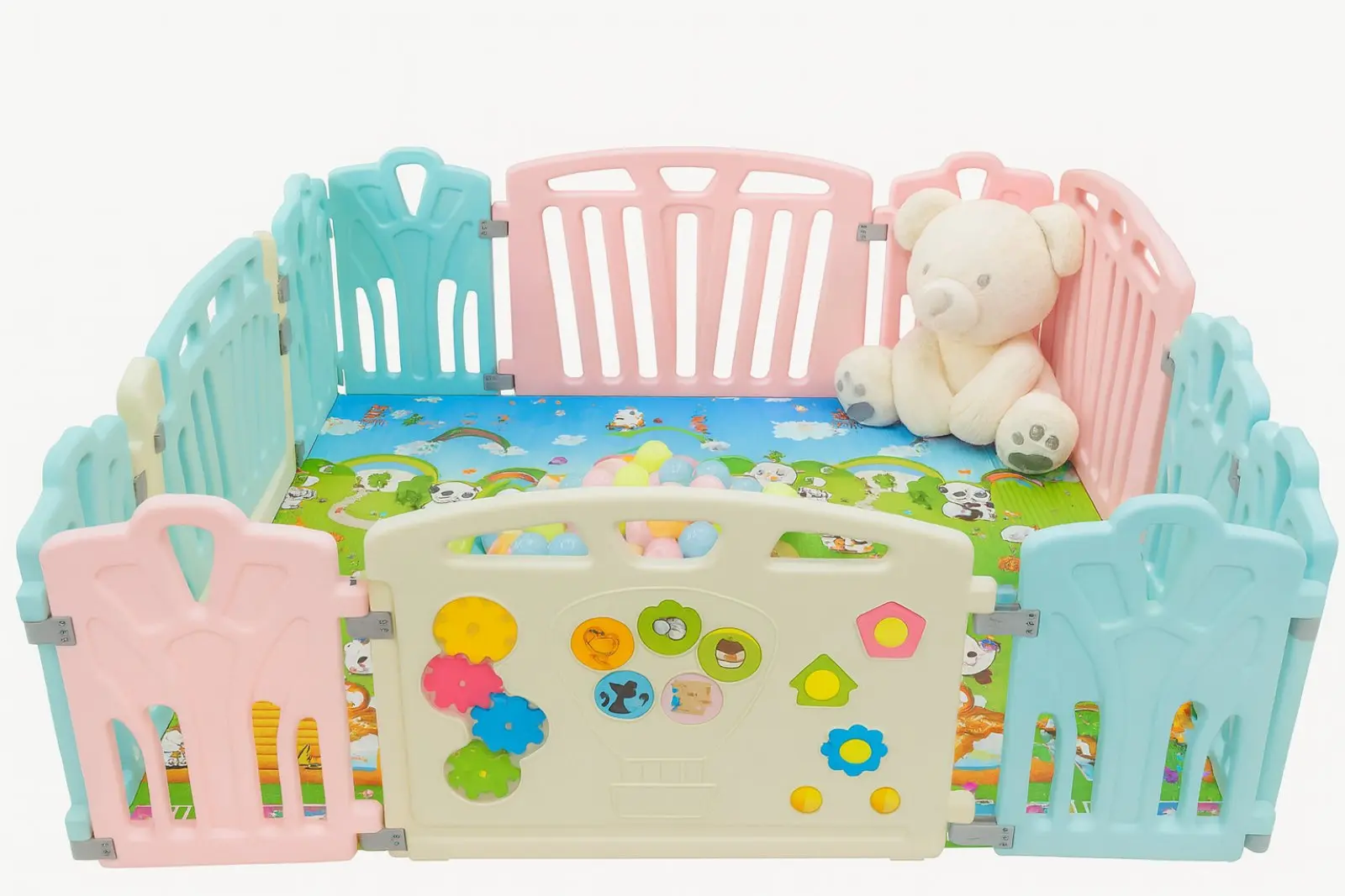 Sklopiva ogradica Veselo Igralište 150x150 cm sa prozračnim mrežastim stranicama i veselim dizajnom za sigurnu igru dece