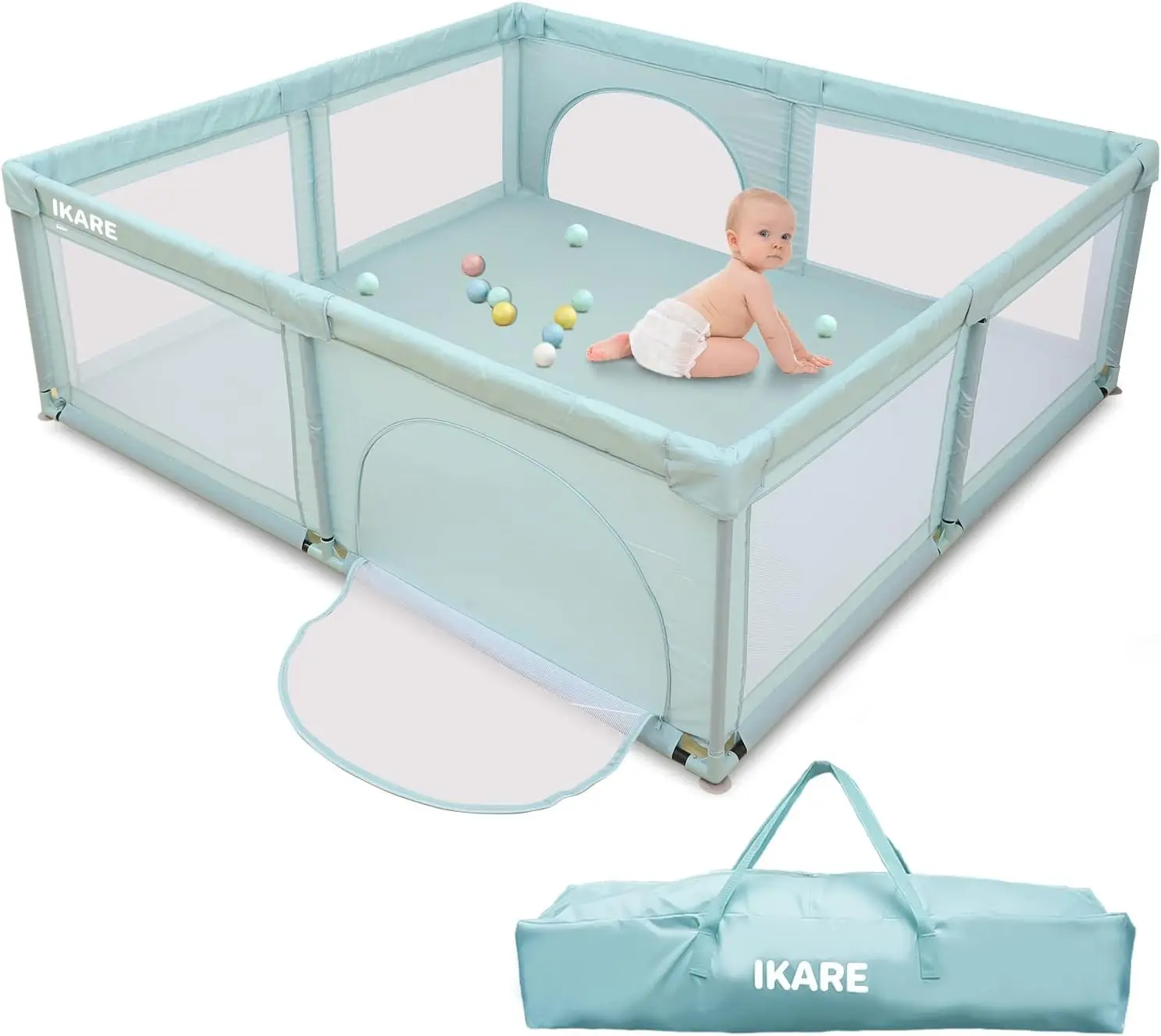 Zaštitna ogradica IKARE za bebe 185x155 cm u mint boji sa mrežastim stranicama