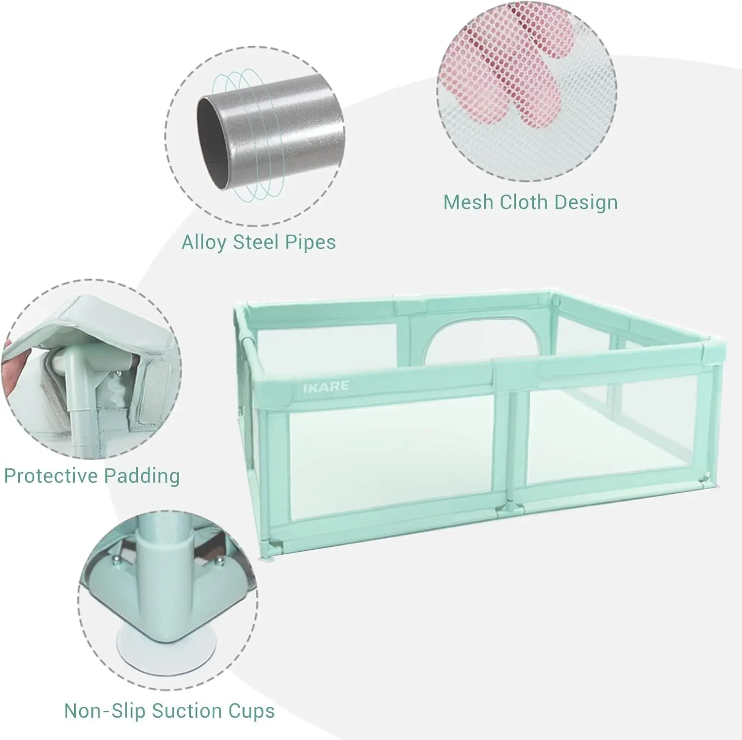 Zaštitna ogradica IKARE za bebe 185x155 cm u mint boji sa mrežastim stranicama