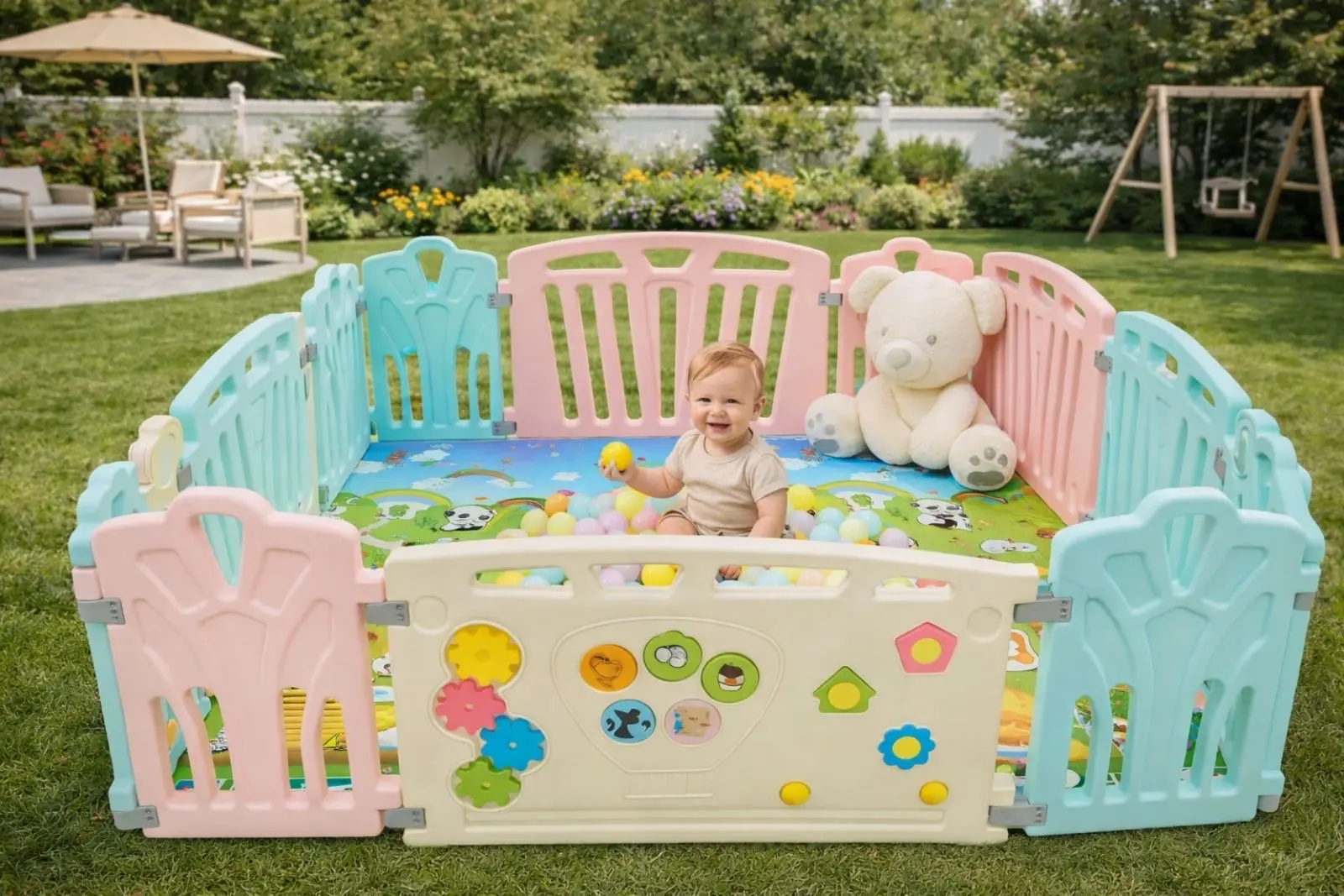 Sklopiva ogradica Veselo Igralište 150x150 cm sa prozračnim mrežastim stranicama i veselim dizajnom za sigurnu igru dece