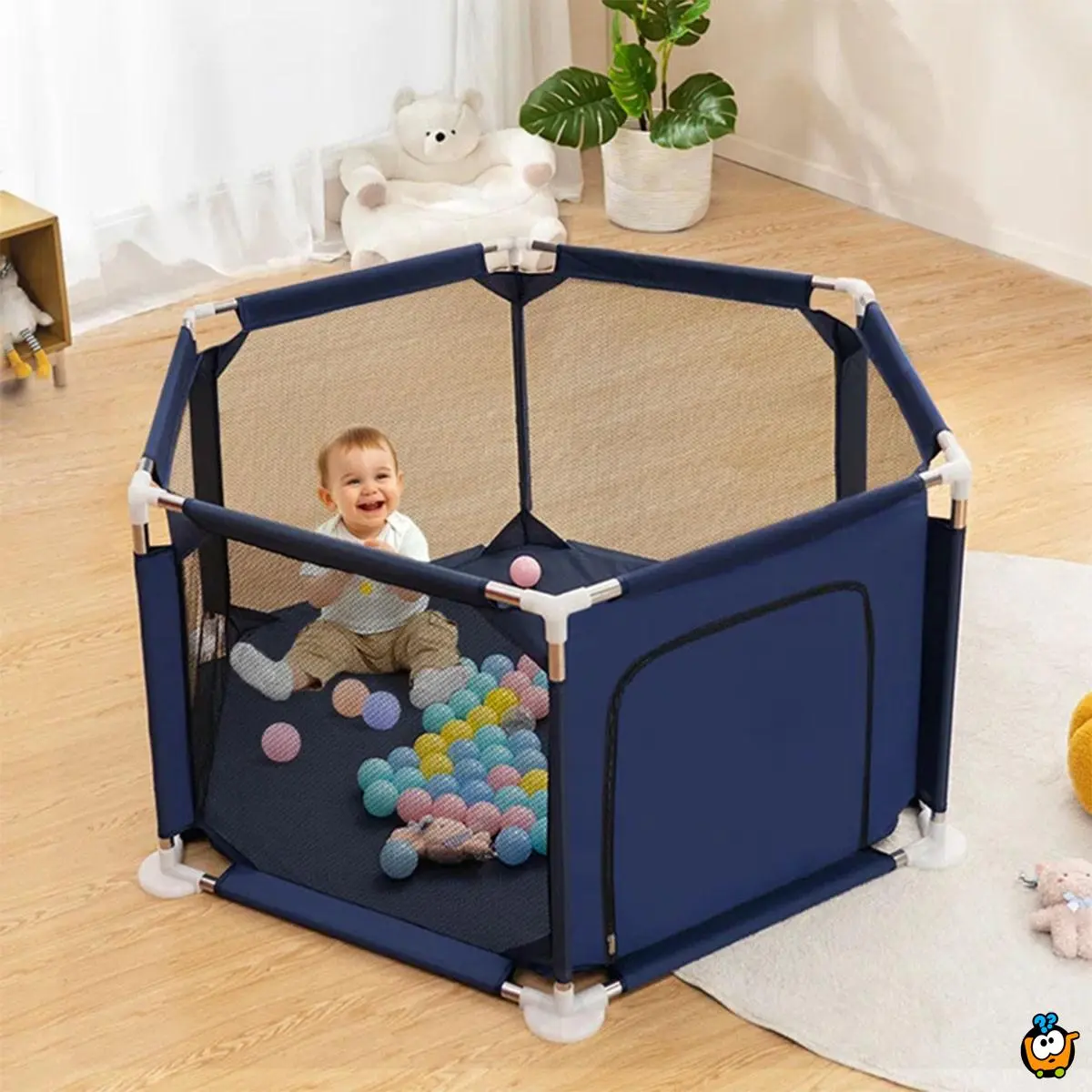 teget šestougaona zaštitna ogradica za bebe teget hexa model sa mrežastim stranama i otvorom na rajsferšlus