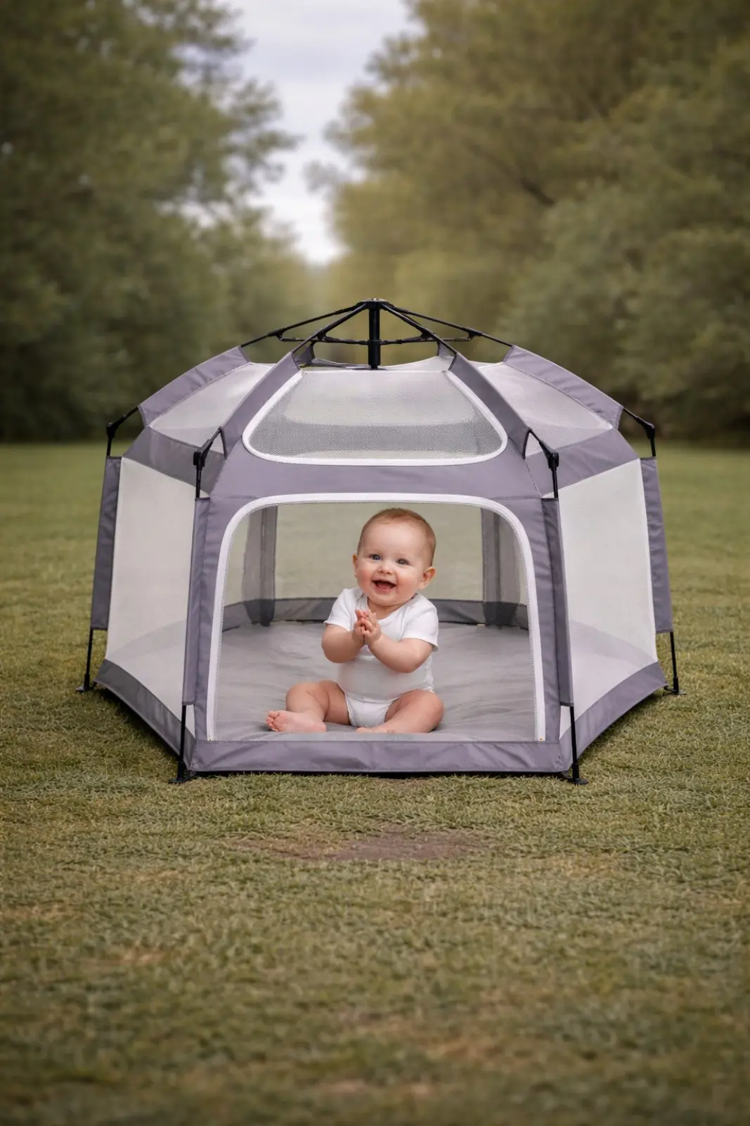 siva pop it out zaštitna ogradica za bebe na travi sa nasmejanom bebom