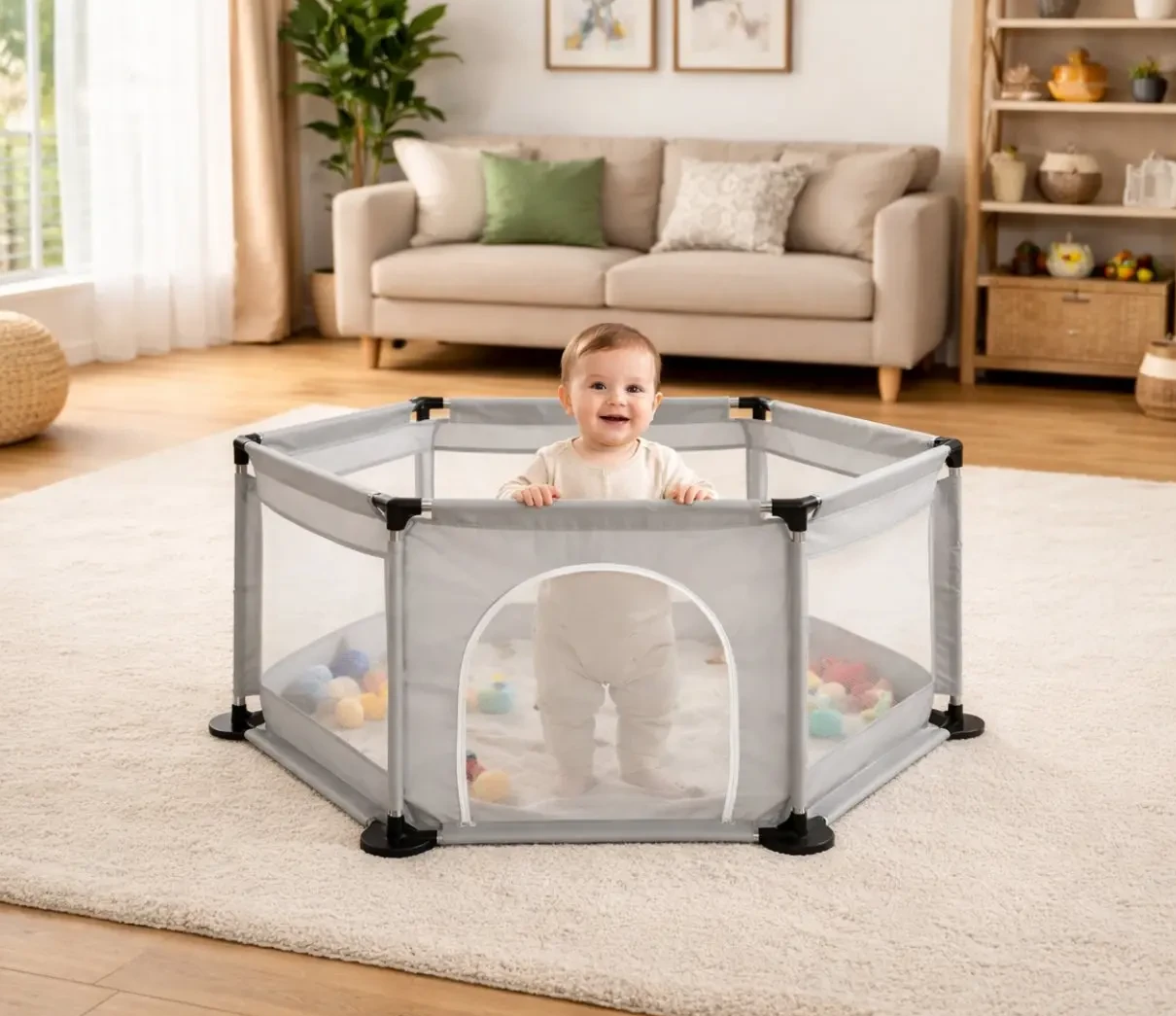 siva šestougaona zaštitna ogradica za bebe hexa model sa mrežastim stranama i otvorom na rajsferšlus